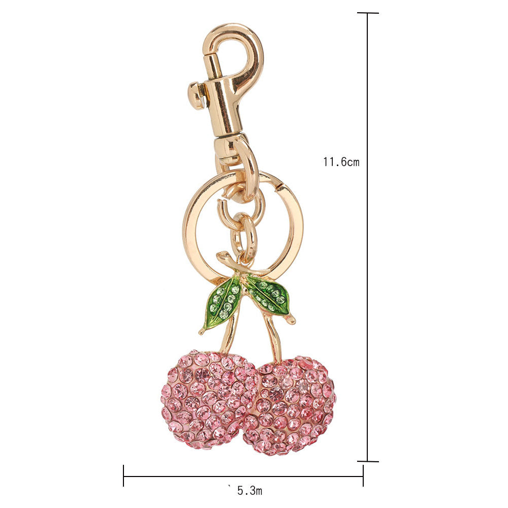 Llavero con colgante de cereza y diamantes de imitación rosas para mujer