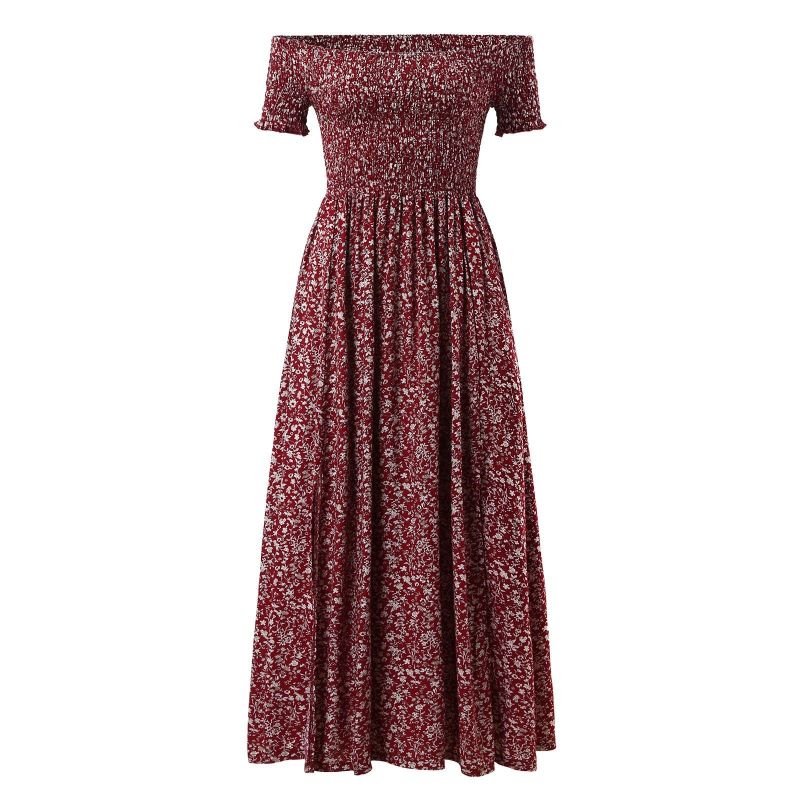 Vestido largo bohemio informal con estampado floral y hombros descubiertos para mujer, talla grande
