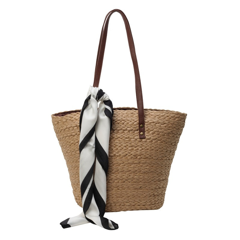 Bolso tote de paja tejida de seda para mujer de verano