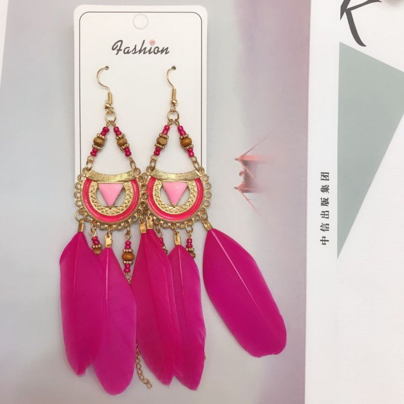 Women Bohemian Hollow Beads Feather Alloy Earrings