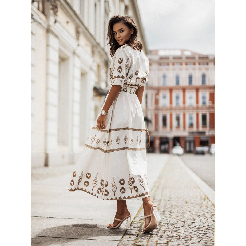 Robe décontractée à lacets en lin imprimé pour femme