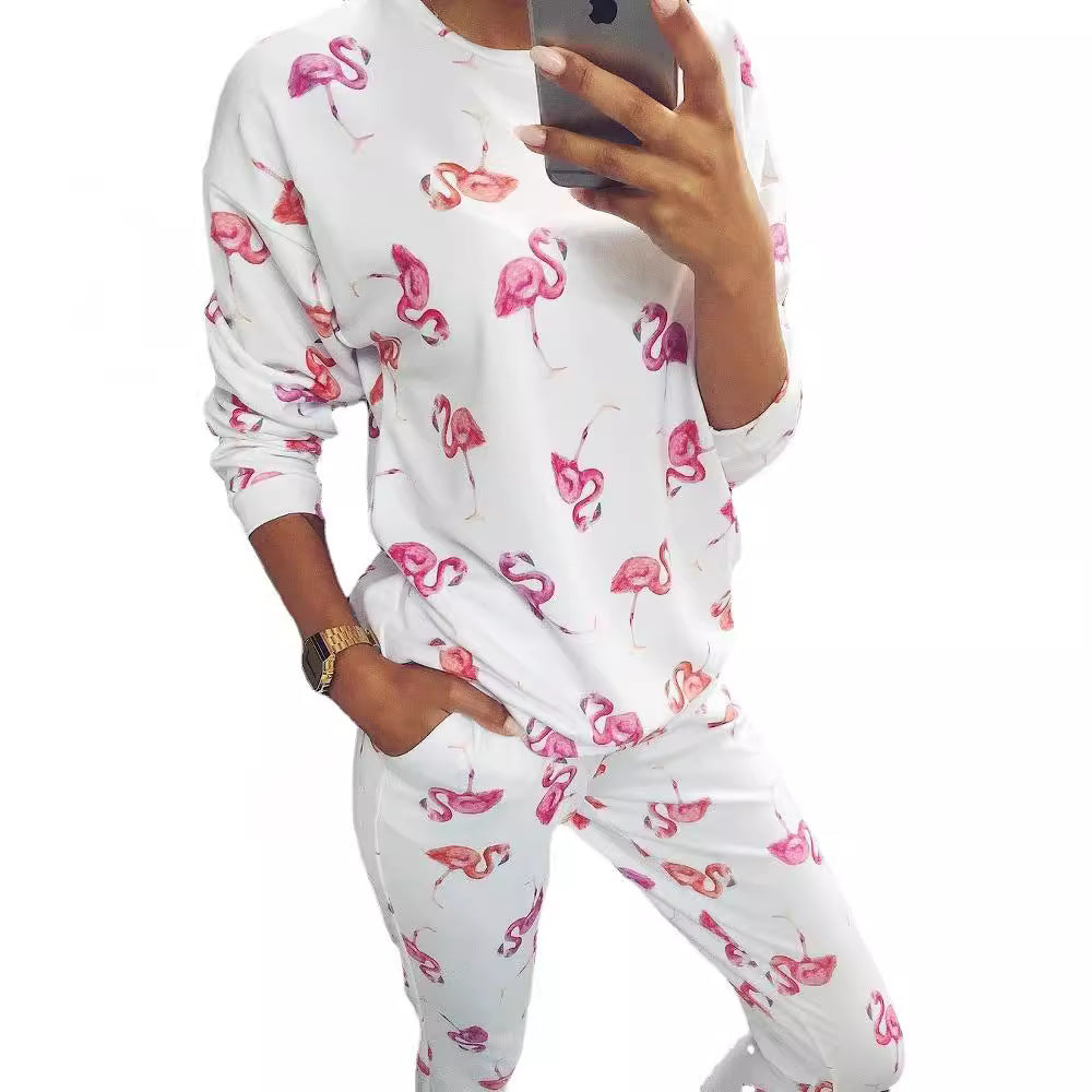 Women Casual Print Long-Sleeve Sweatshirt and Pants Set