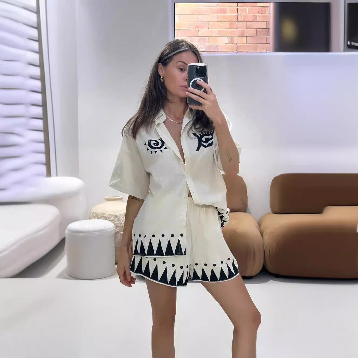 Conjunto de blusa informal de manga corta con solapa y estampado para mujer