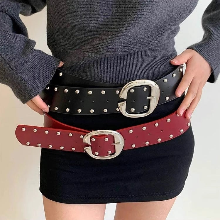 Ceinture à rivets en cuir PU pour femme, couleur unie, style décontracté
