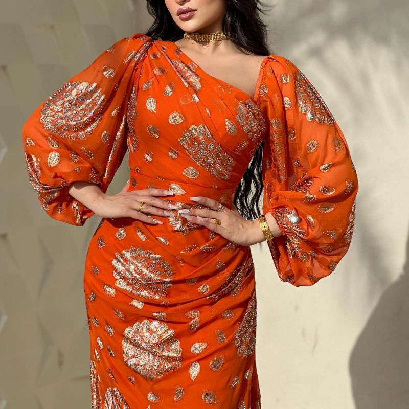 Robe sexy à manches longues en mousseline imprimée pour femme