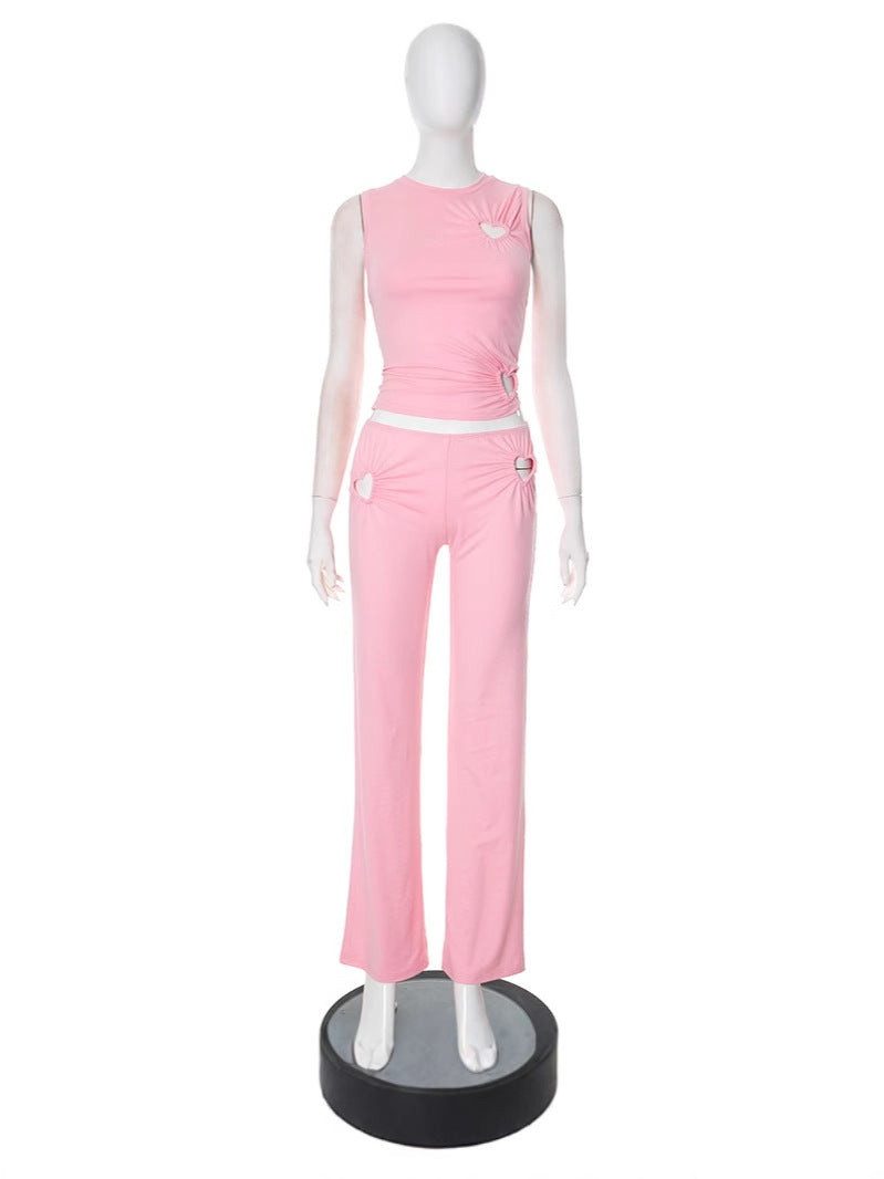 Ensemble haut et pantalon ajouré de couleur unie pour femme