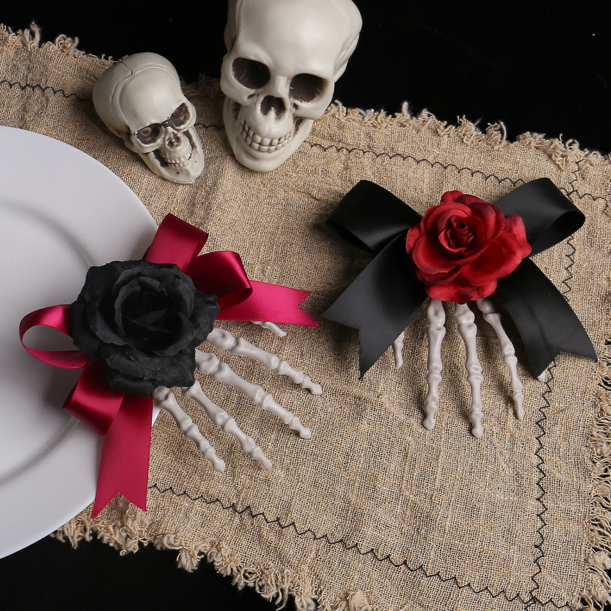 Halloween Skeleton Hand Hairpin with Roses