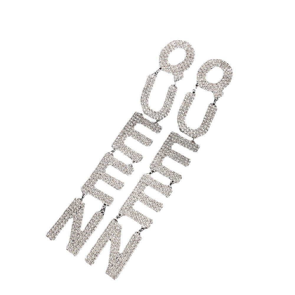 Women Fashion Exaggerated Long Zircon Queen Letter Earrings