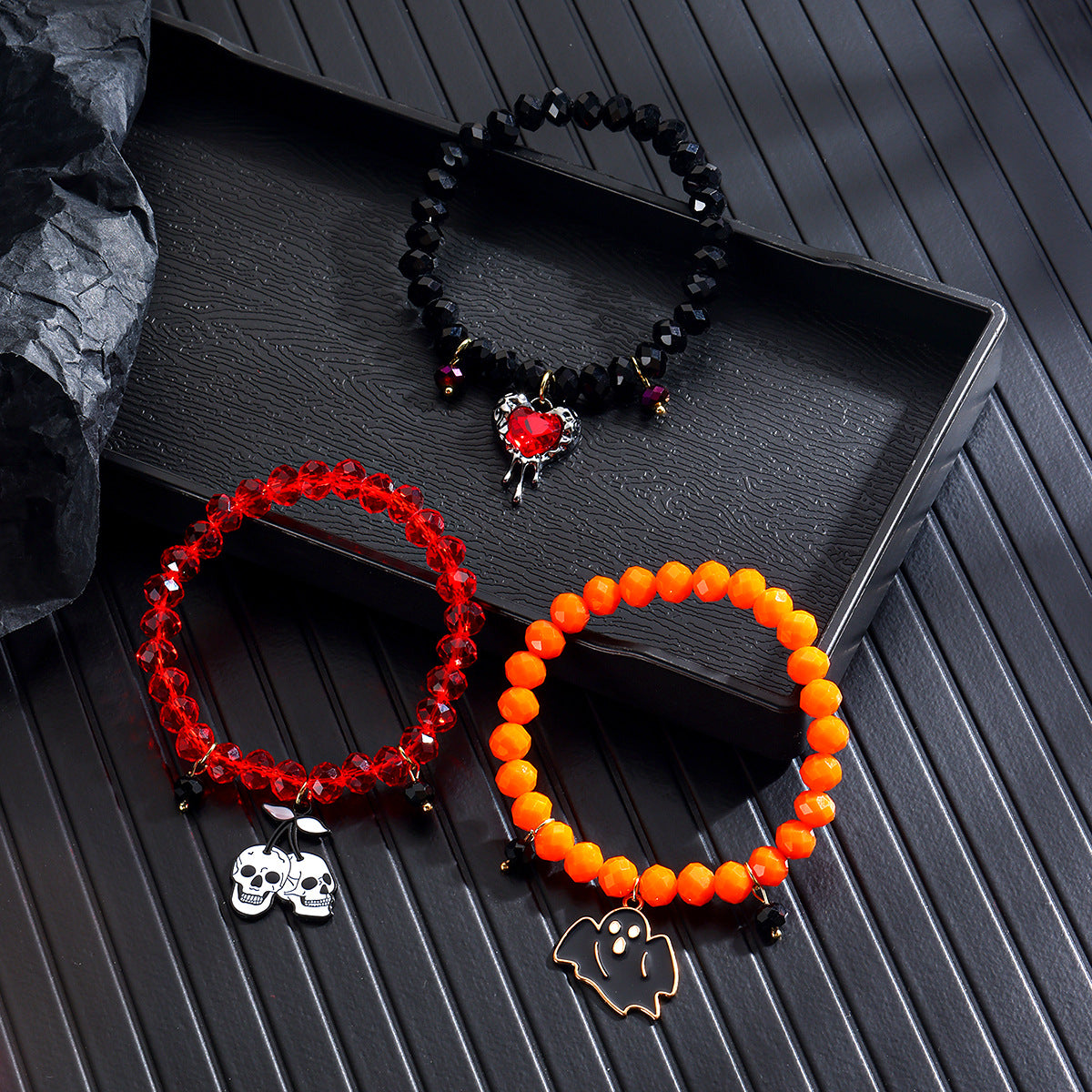Pulsera de cuentas de calabaza y esqueleto de cerámica blanda para Halloween