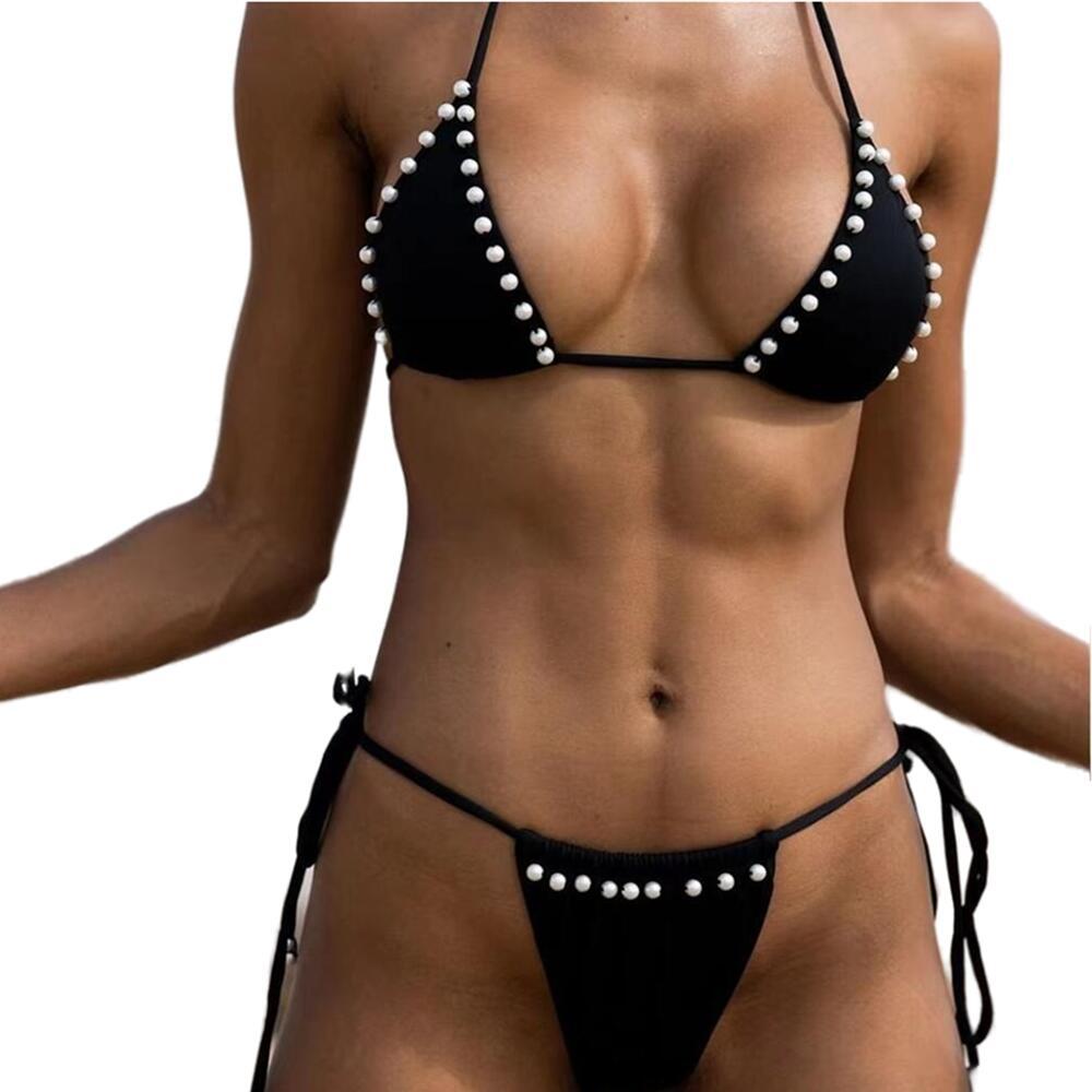 Bikini sexy con tirantes decorados con perlas para mujer