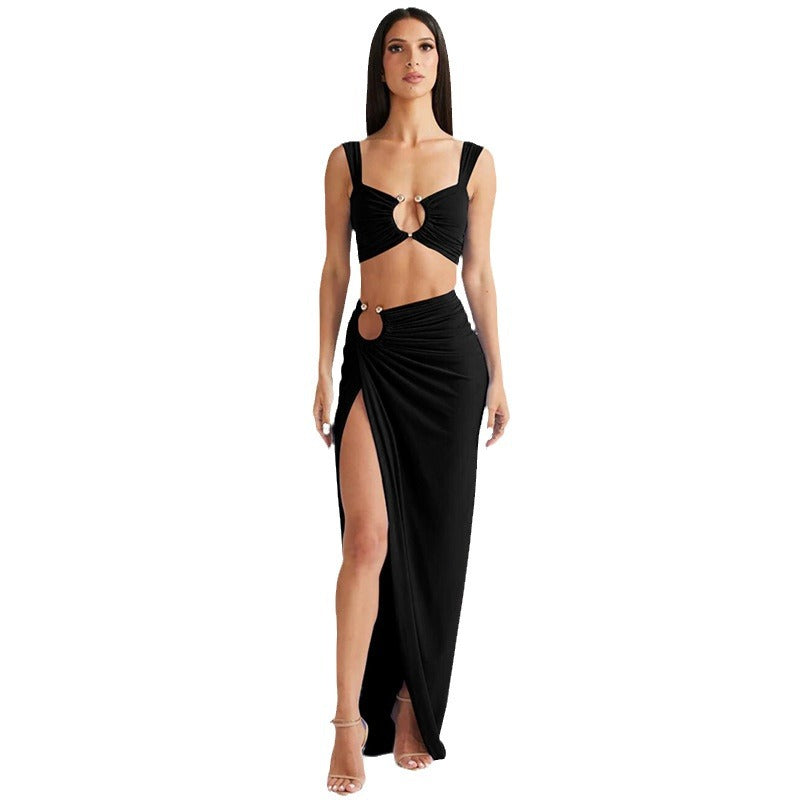 Women Sexy Crop Top Side-Slit Skirt Set