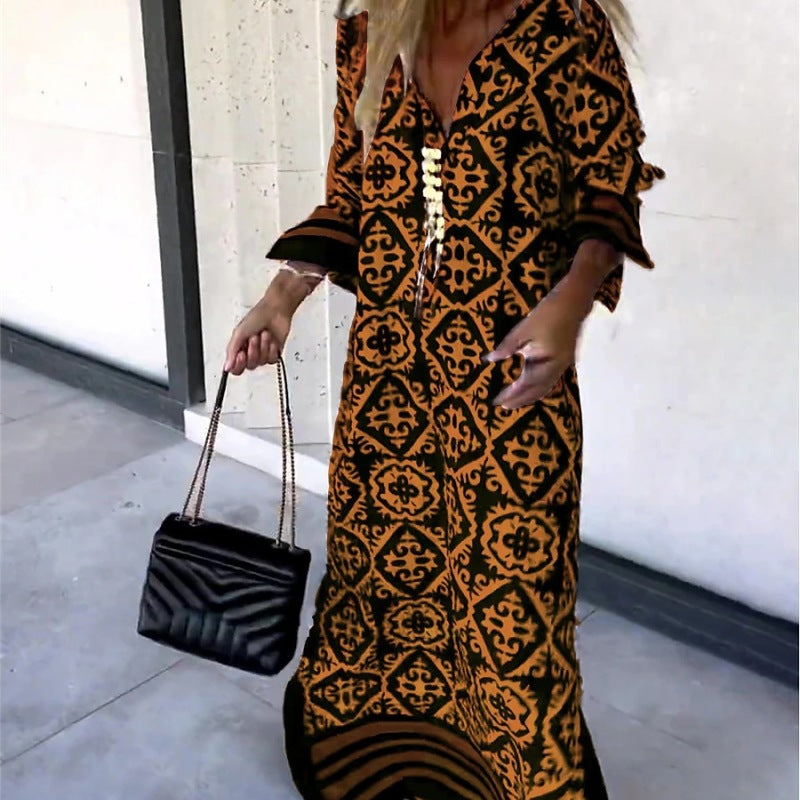 Women Casual Boho Style Geometry Stripe Print Long Sleeve V Neck Maxi Dress