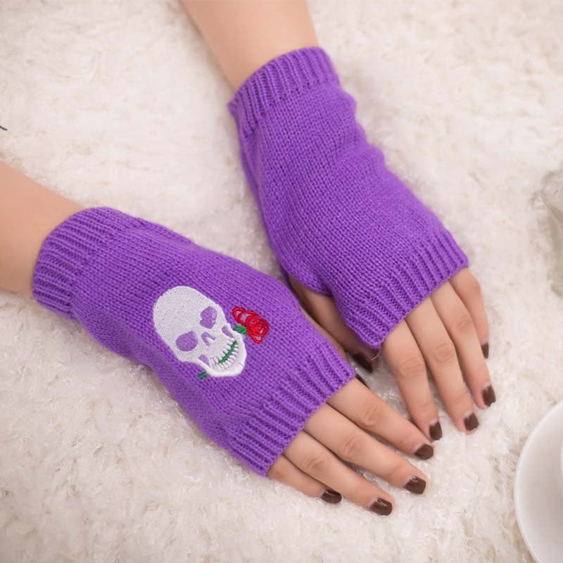 Halloween Autumn Winter Wool Embroidered Skull Gloves