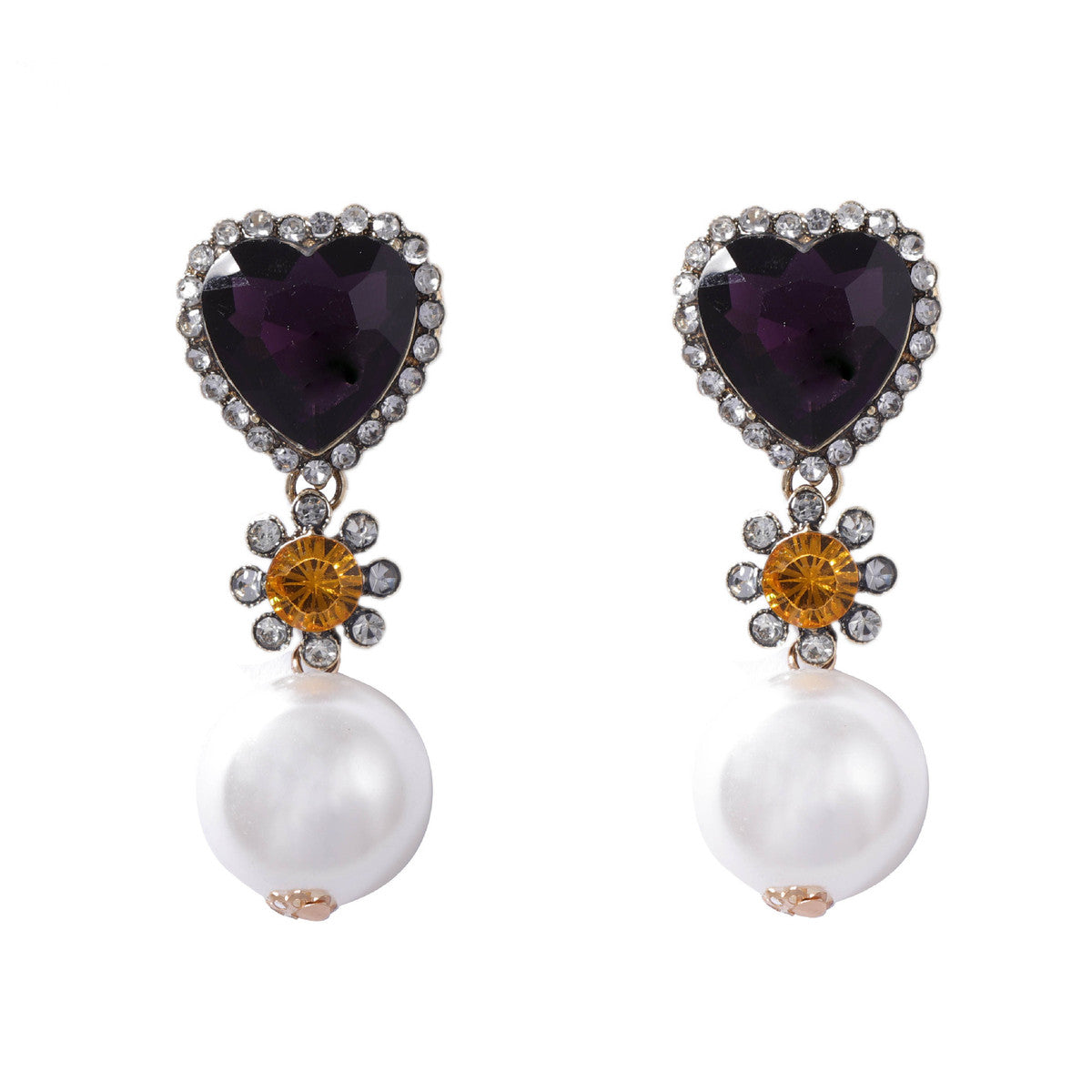 Pendientes de perlas y diamantes de imitación retro para mujer, joyería de moda estilo corazón