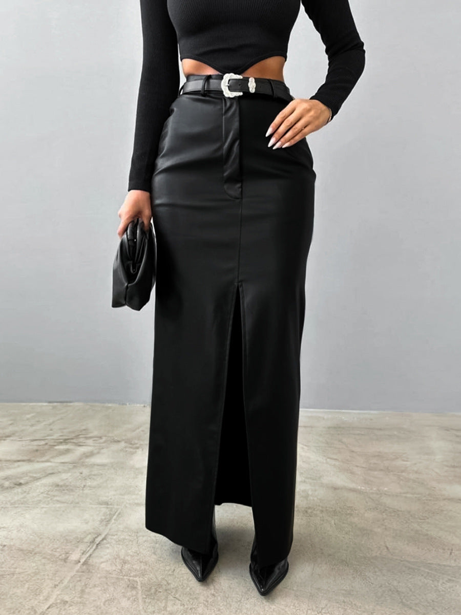 Jupe longue en cuir doublée polaire de couleur unie pour femme