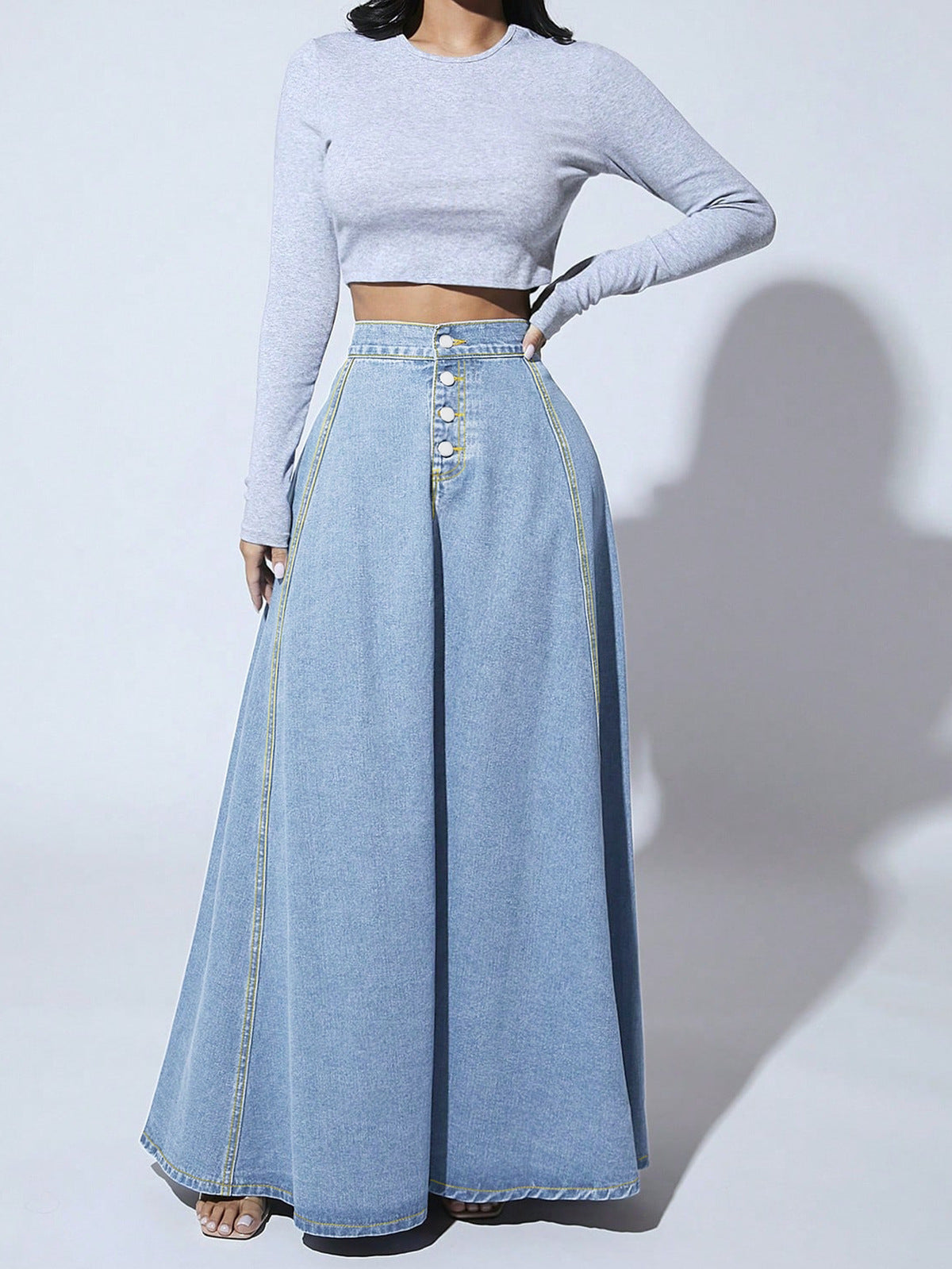 Falda vaquera de una sola botonadura para mujer, estilo urbano, larga, línea A, color liso