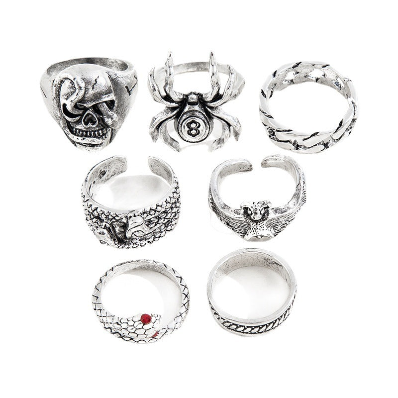 Conjunto de anillos de esqueleto gótico punk creativo de dos cabezas para mujer
