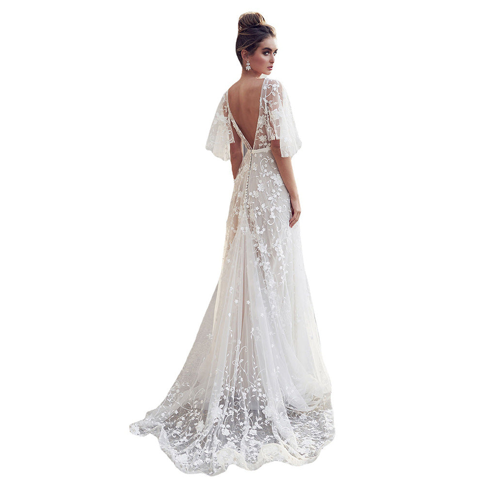 Women Elegant Lace Embroidered V-Neck Backless Party Dress