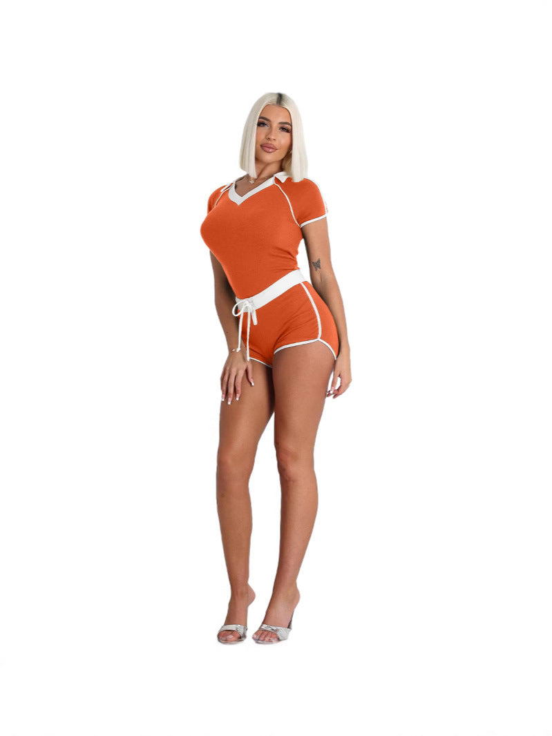 Conjunto de camiseta informal con cuello en V y pantalones cortos con cordón para mujer
