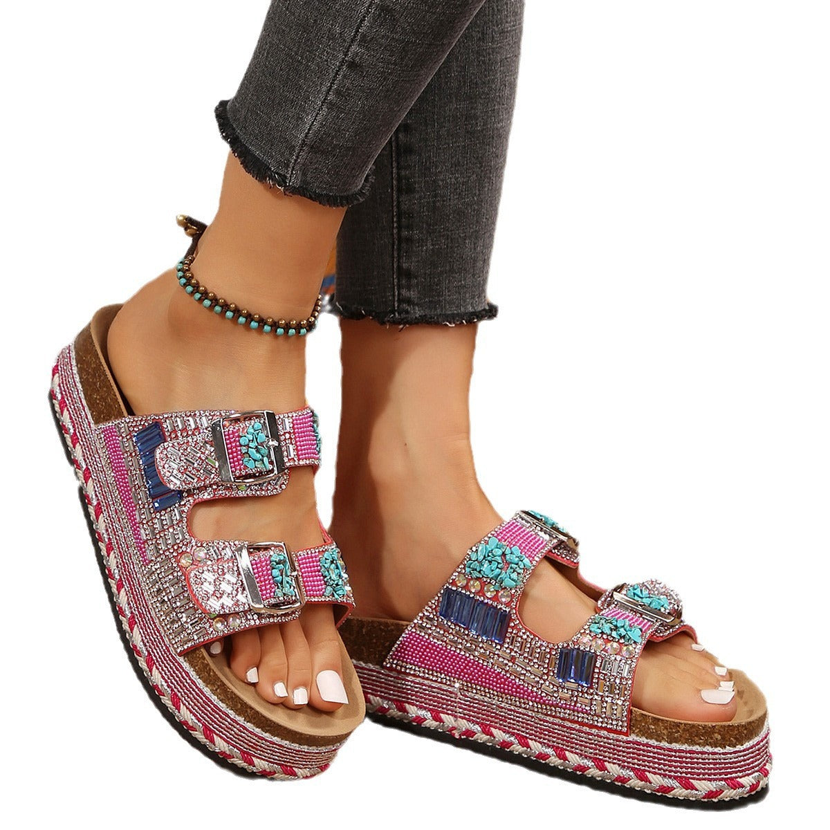 Pantuflas retro con doble hebilla y diamantes de imitación para mujer - Suela gruesa y cómoda