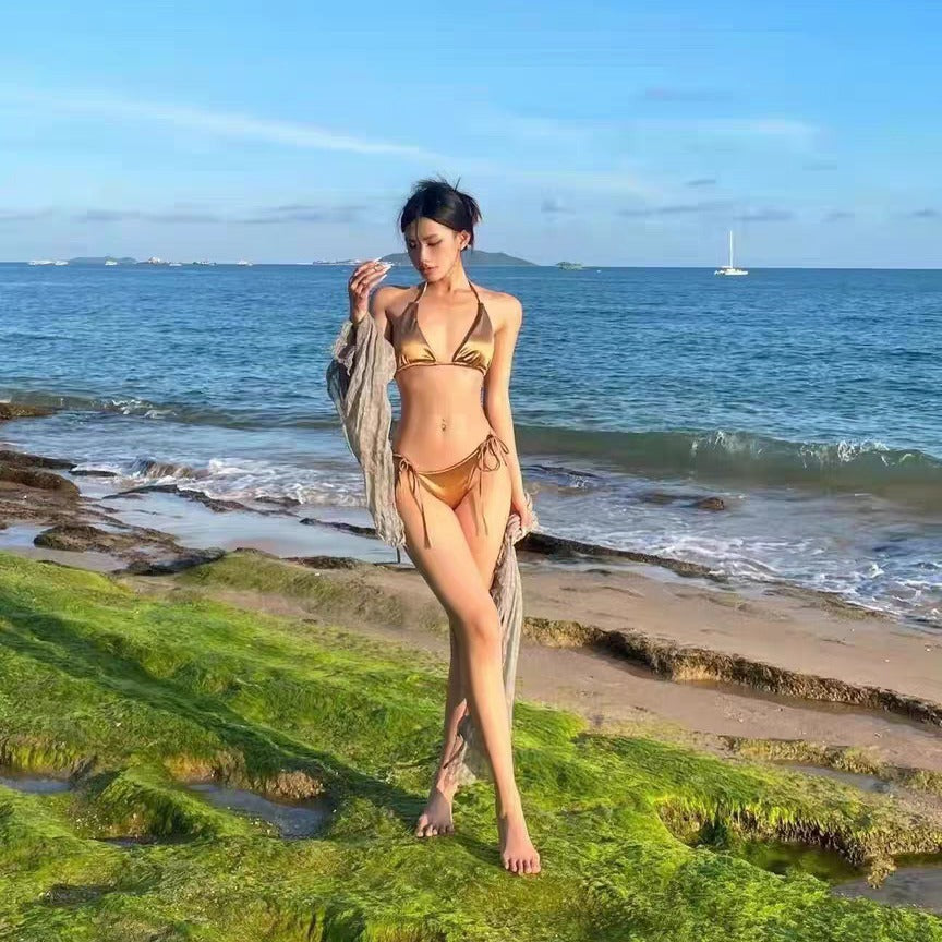 Bikini de satén de color sólido sexy de moda de verano para mujer