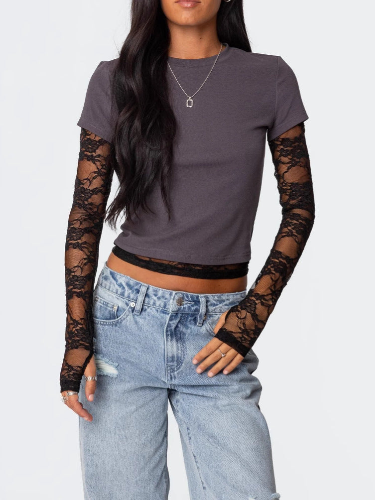 Women Y2k Lace Stitching Long Sleeve T-Shirt
