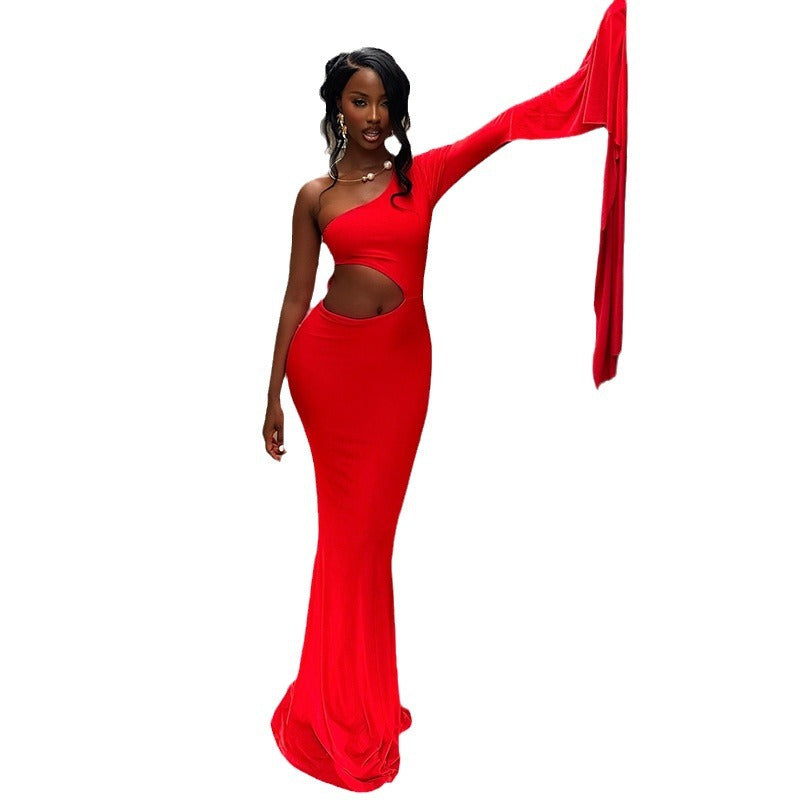 Vestido maxi ajustado sexy de color sólido con hombros descubiertos para mujer