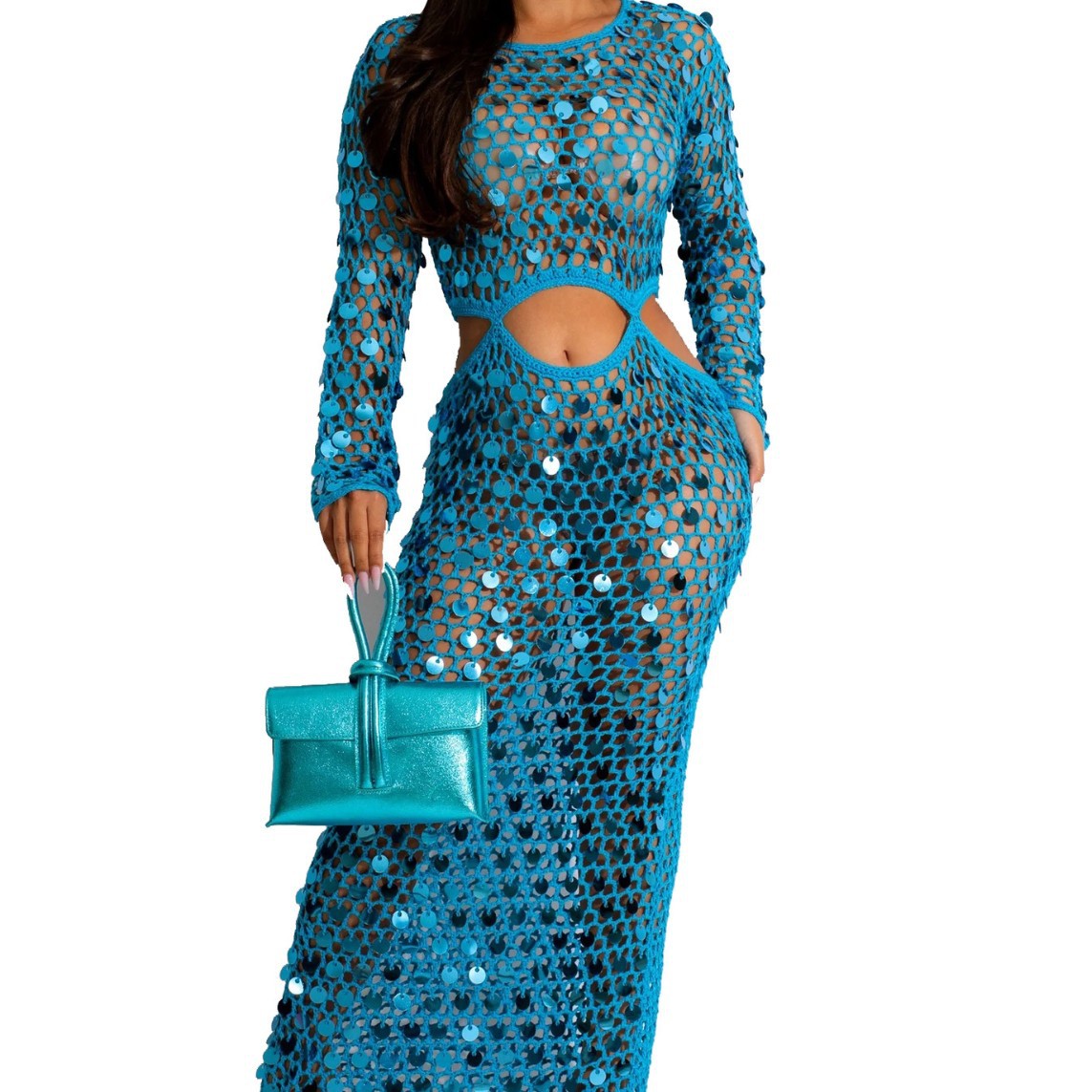 Women Sexy Handmade Knit Cutout Sequin Beach Dress