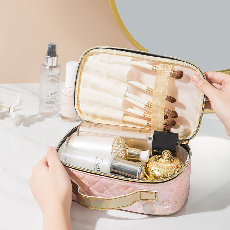Bolsa de cosméticos de cuero sintético con efecto láser y degradado de color