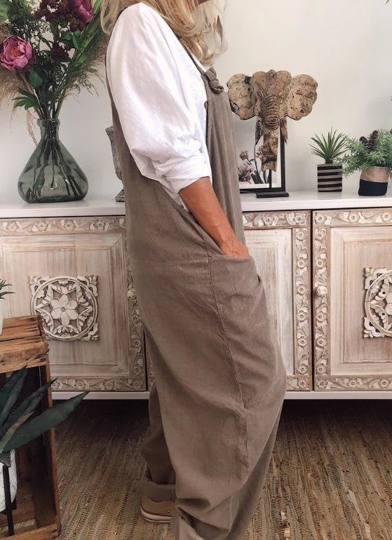 Women Casual Solid Color Cotton Linen Sleeveless Jumpsuit