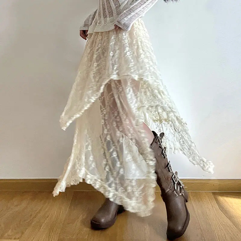 Women Vacation Lace Irregular Low-Waist Skirt