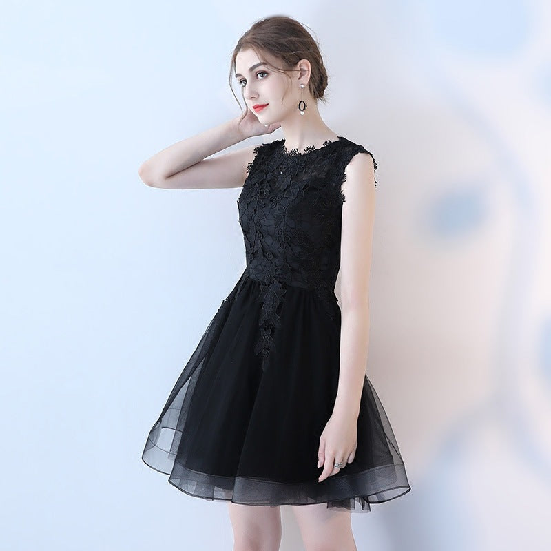 Women Banquet Evening Dress Short Lace Mesh Princess Black Party Cocktail Dress