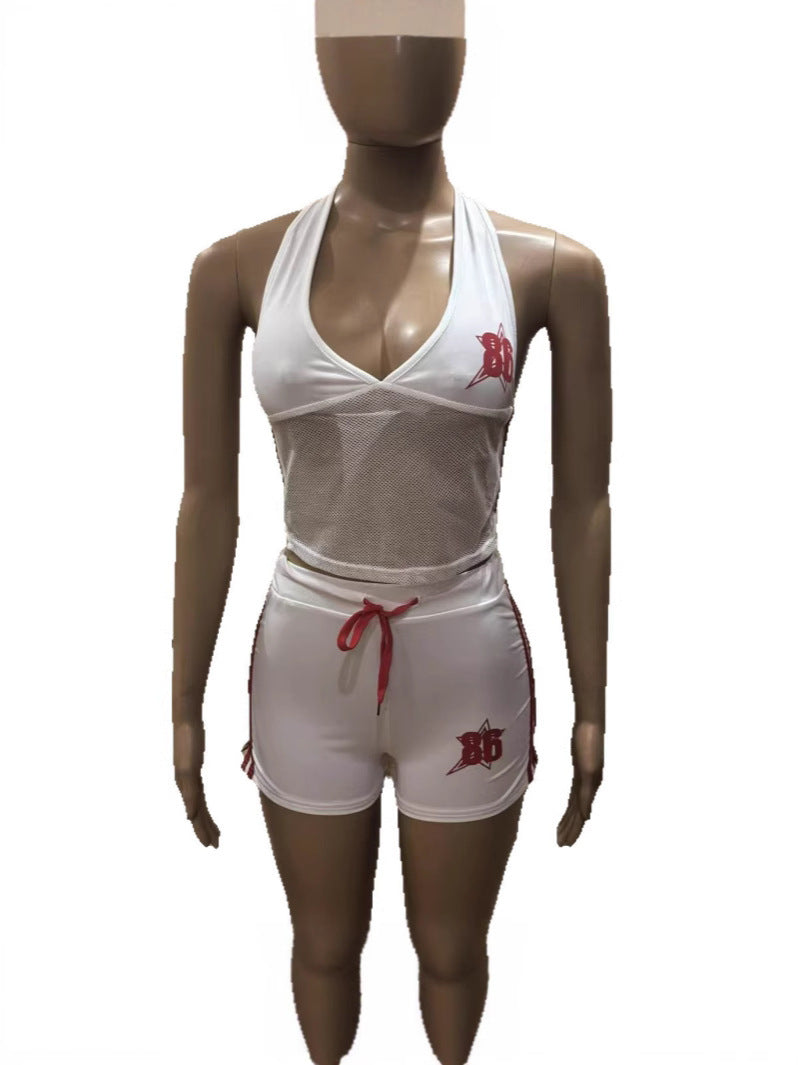 Women Fashion Contrast Color Halter Neck Crop Top with Low Waist Shorts Two-Piece Set