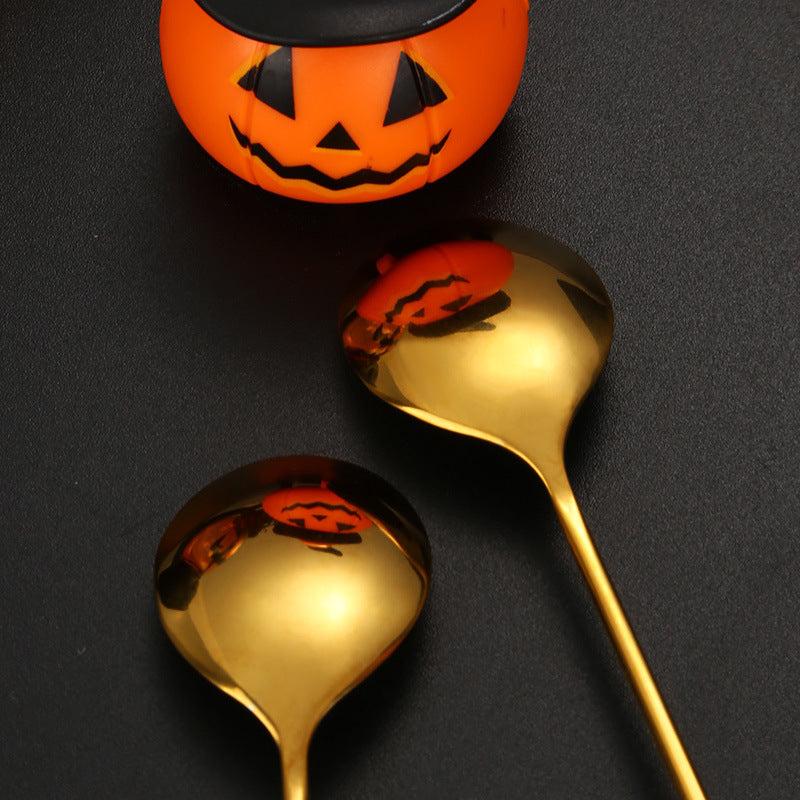 Tenedor y cuchara de acero inoxidable para postres y frutas con dibujos animados de Halloween.