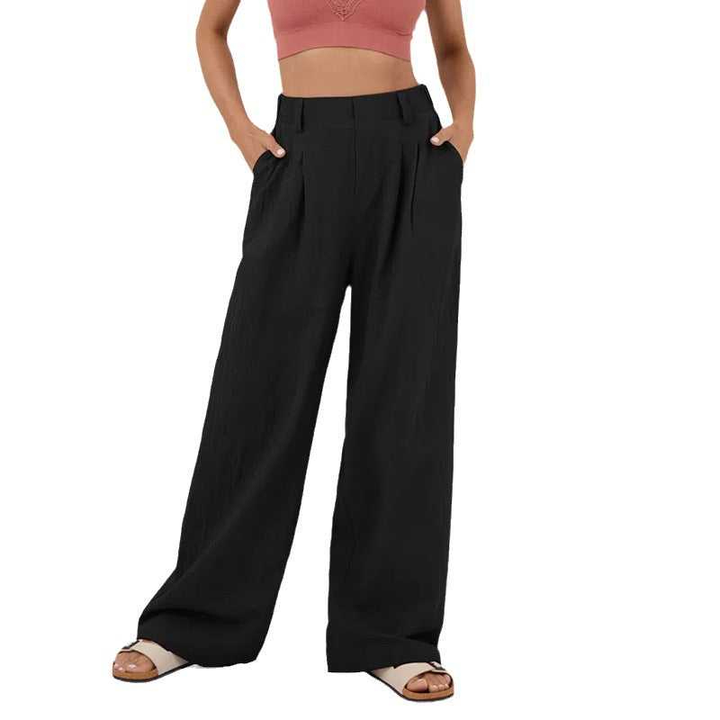 Pantalones casuales de algodón con cintura alta y pierna ancha para mujer
