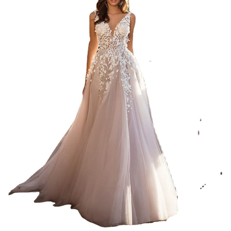 Women Fashion Sexy Elegant Lace Embroidered Deep V-Neck Sleeveless Party Dress