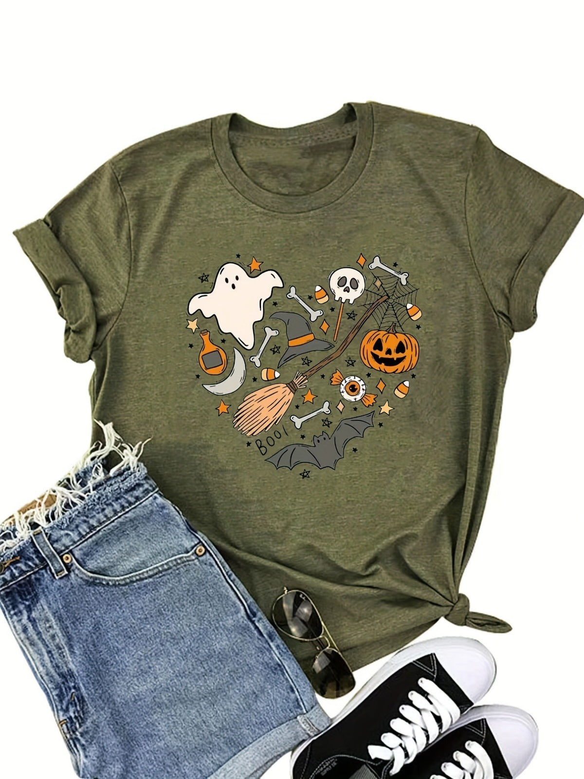T-shirt col rond en coton imprimé Halloween pour femme