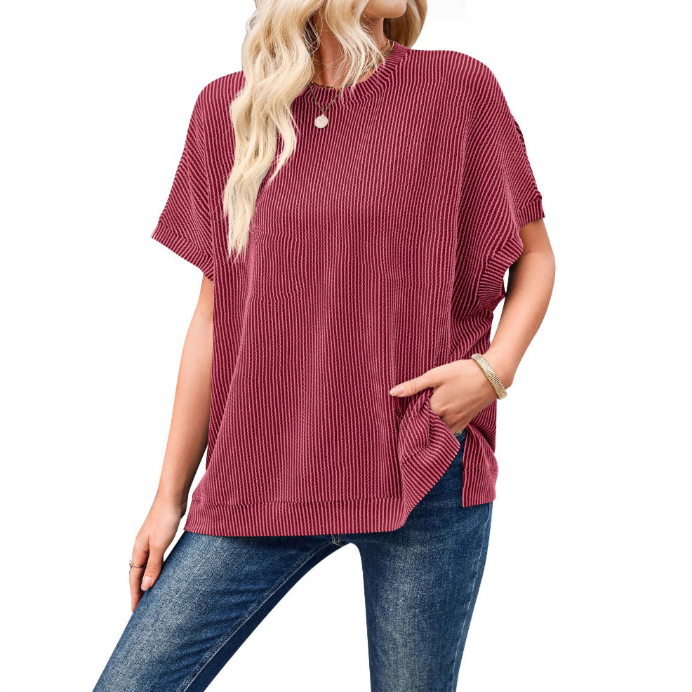 Women Fashion Solid Color Short Sleeve Loose Top