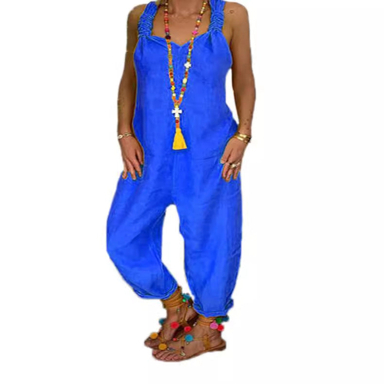 Women Casual Solid Color Linen Sleeveless Jumpsuits