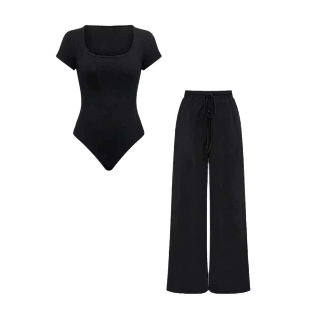 Women’s Solid Color Rib-Knit Bodysuit Pants Set