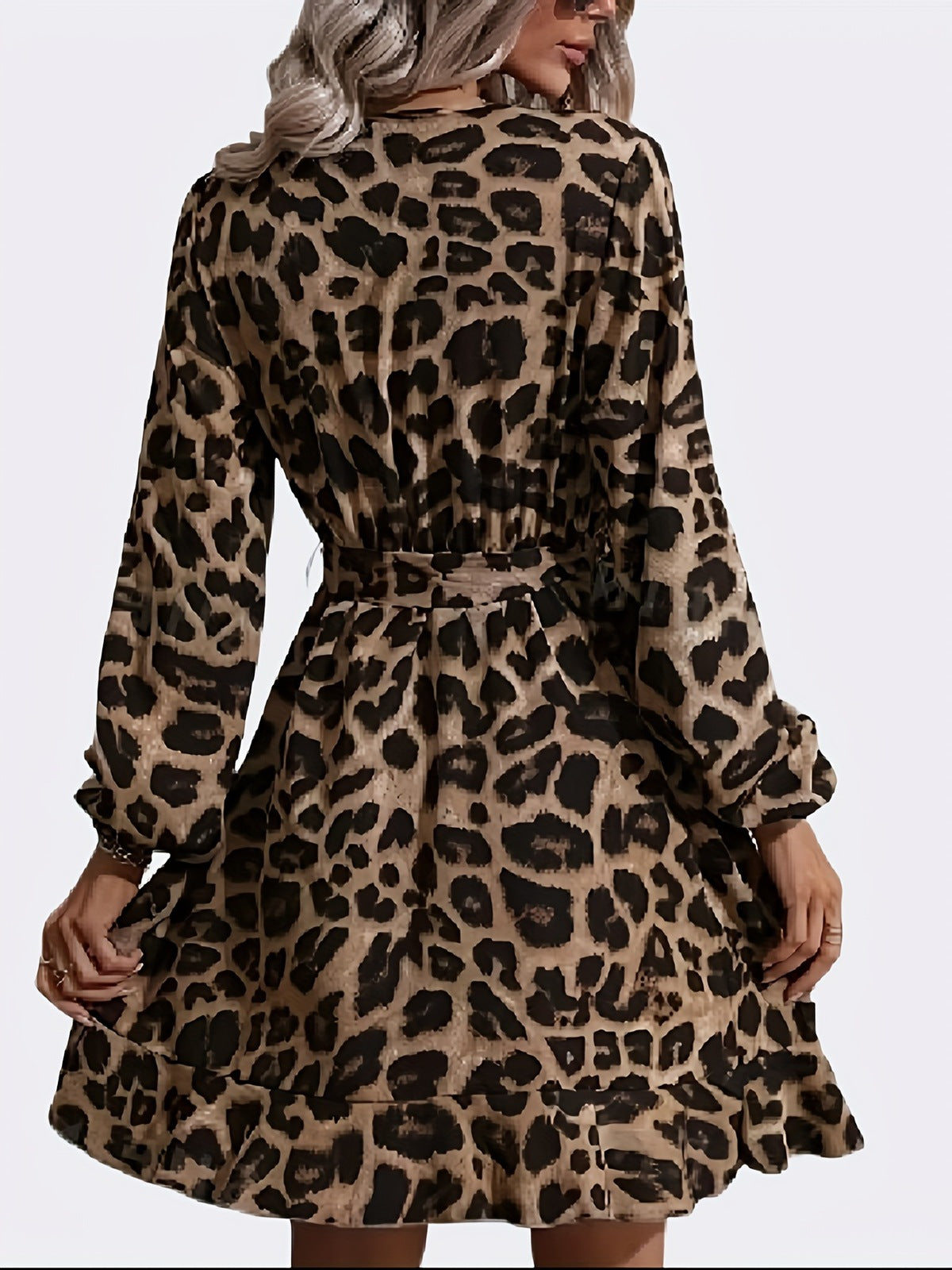 Women Fashion Leopard V-Neck Long Sleeve Dress