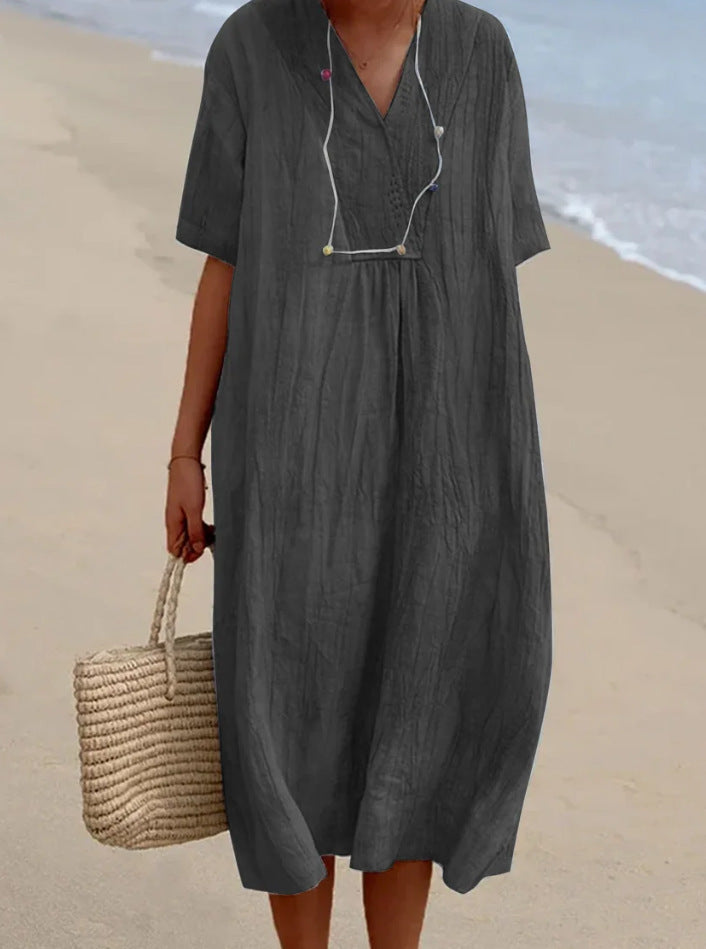 Robe décontractée en coton et lin à col en V et couleur unie pour femme
