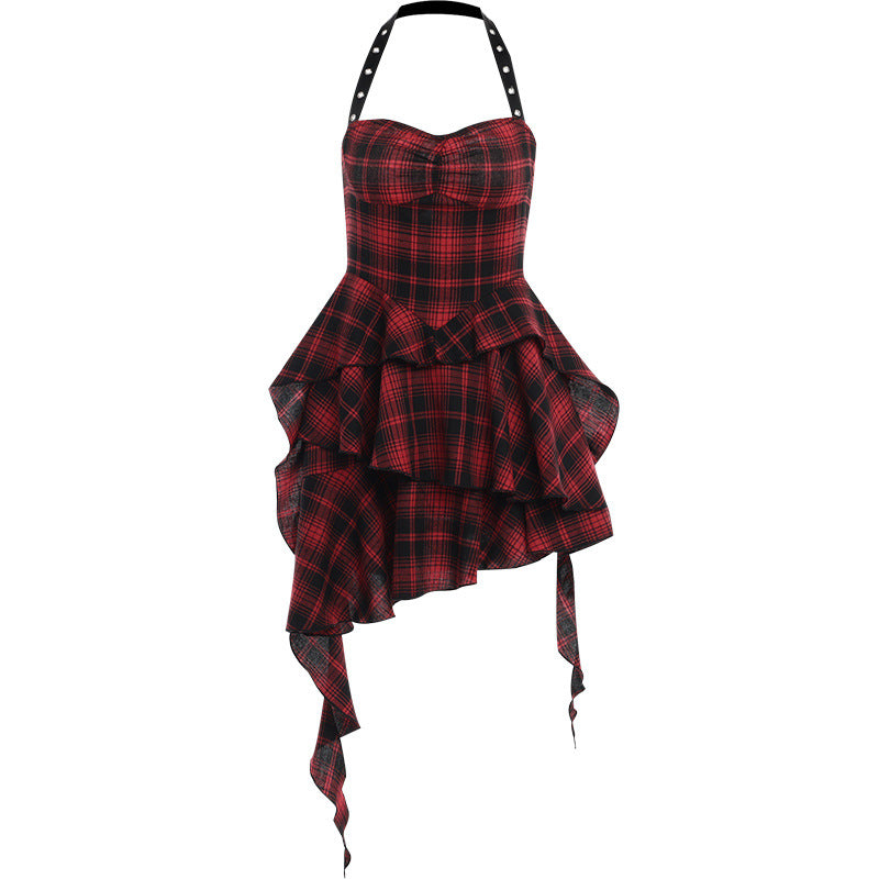 Robe sexy gothique à volants irréguliers et à carreaux rouges, col licou