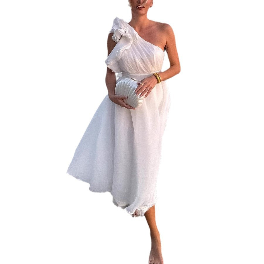 Women Fashion Solid Color Shoulder Backless Dress
