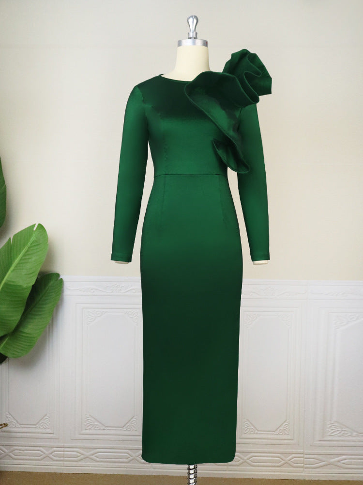 Women Fashion Elegant Ruffled Long Sleeve Solid Color Cocktail Party Dress