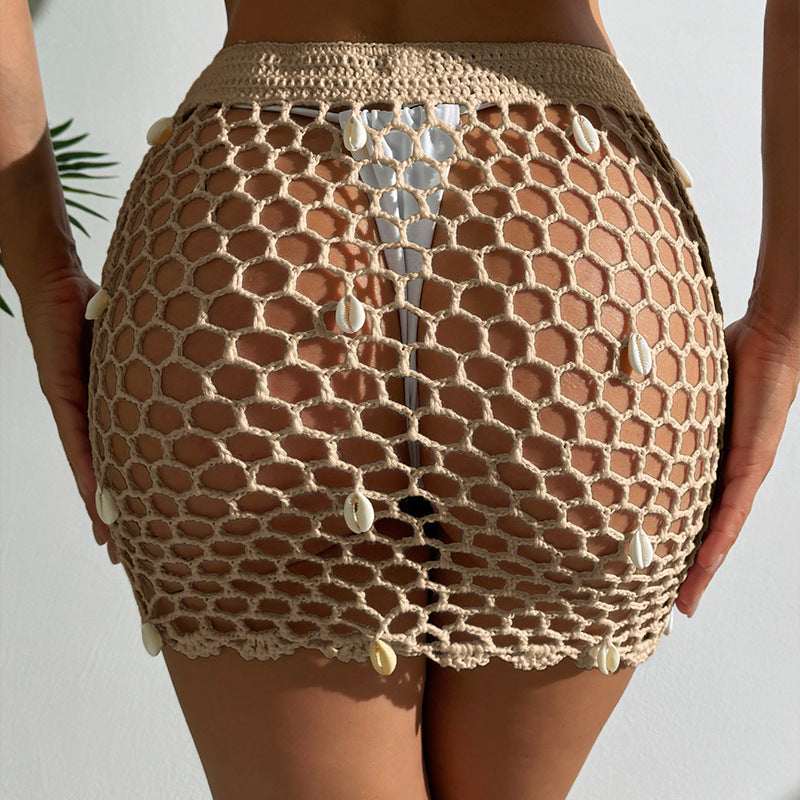 Fashion Beach Drawstring Strap Hollow Shell Pendant Coverup Skirt