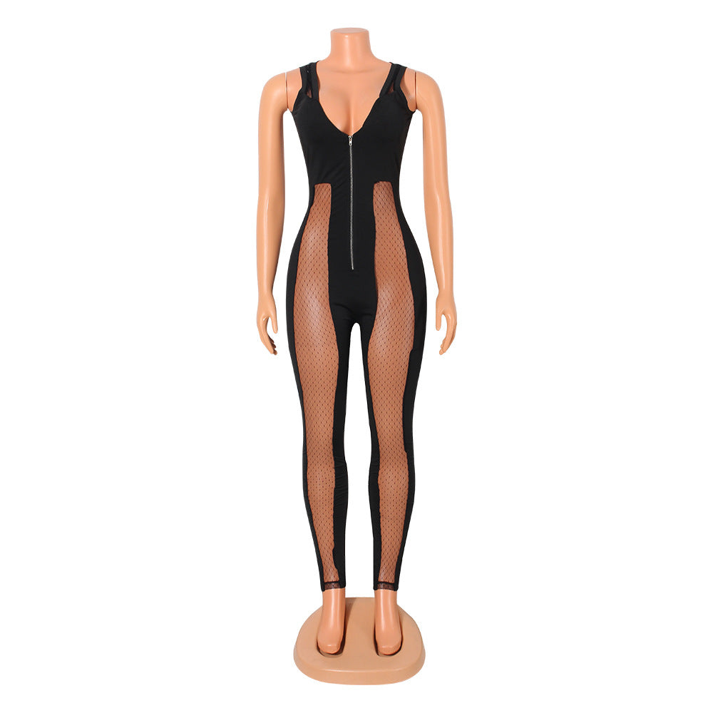 Women Sexy Mesh Stitching Zipper Jumpsuits with Polyester and Spandex