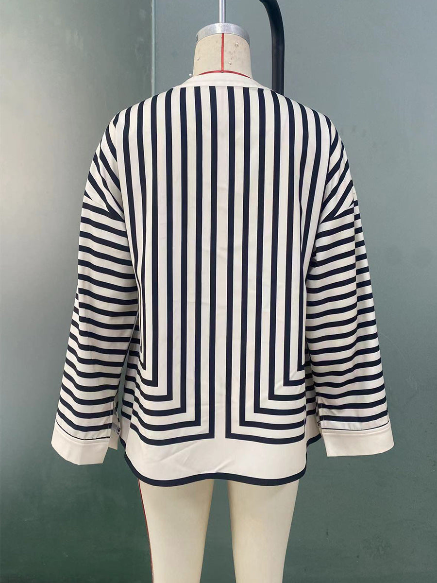 Women Fashion Stripe Print Long Sleeve Shirt