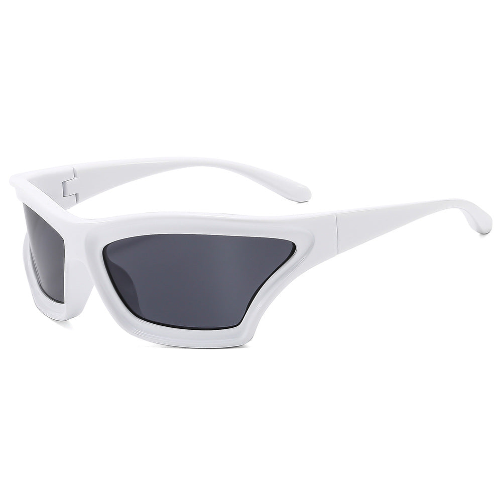 Gafas de sol creativas de moda con montura irregular, lentes acrílicas y montura de PC.