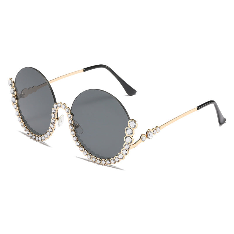 Fashion Metal Rhinestone Round Half Frame Sunglasses